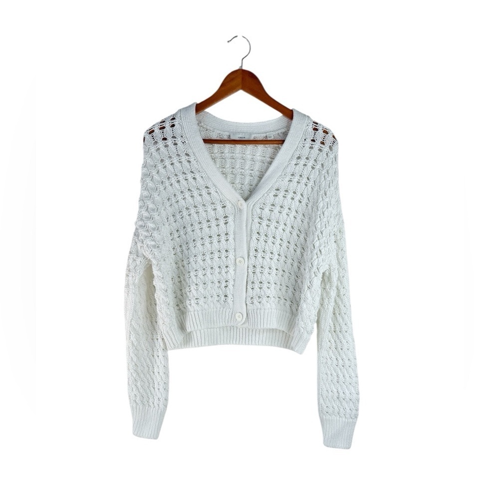VINCE Optic White Open Cable Knit Cardigan Sweater Cotton Size Large